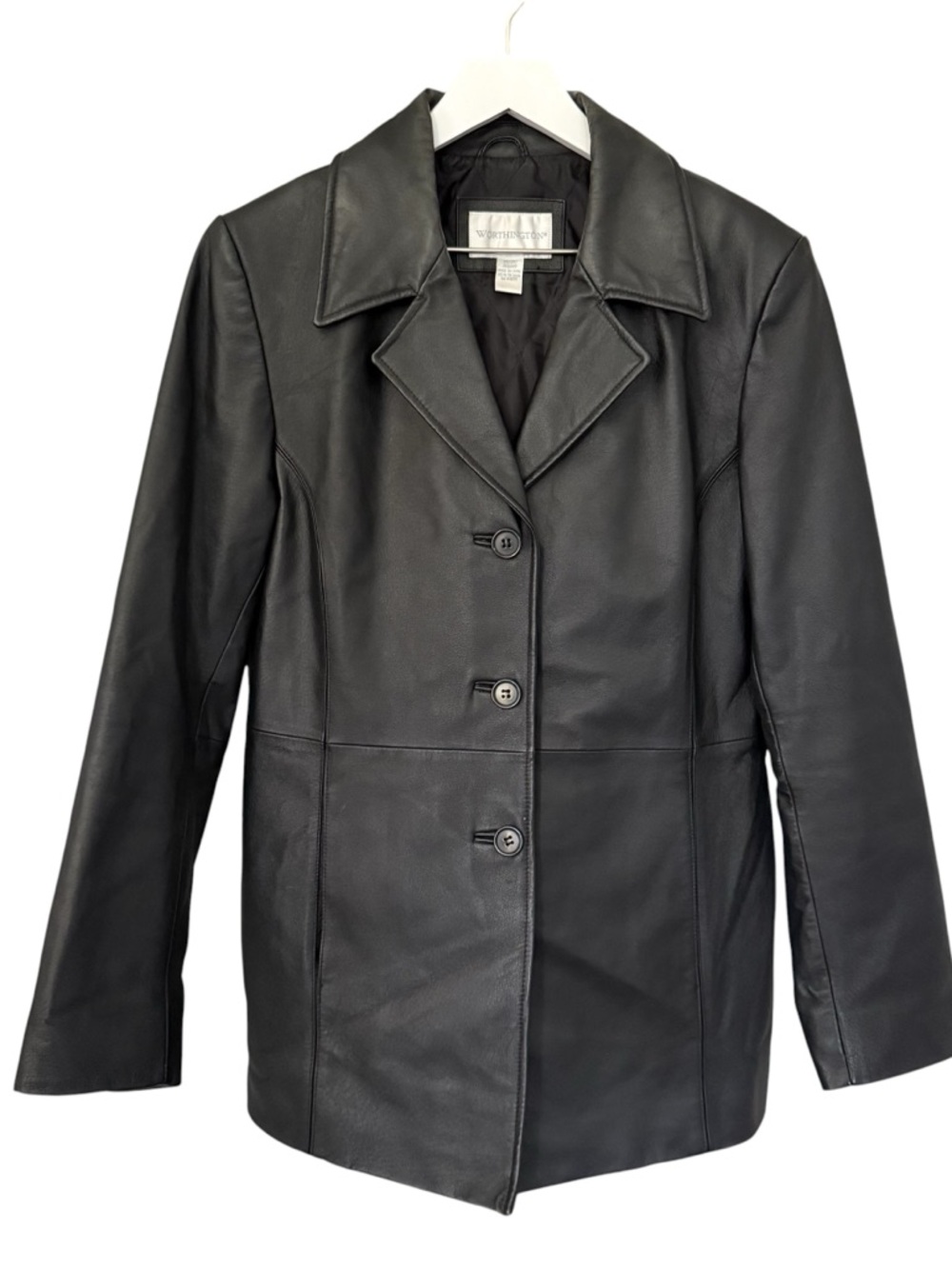 Worthington Genuine Black Leather Quilted Lining Button Front Jacket Coat Medium